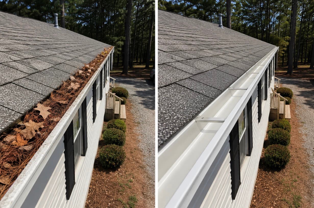 Before and after comparison of a gutter filled with leaves and then completely cleaned.