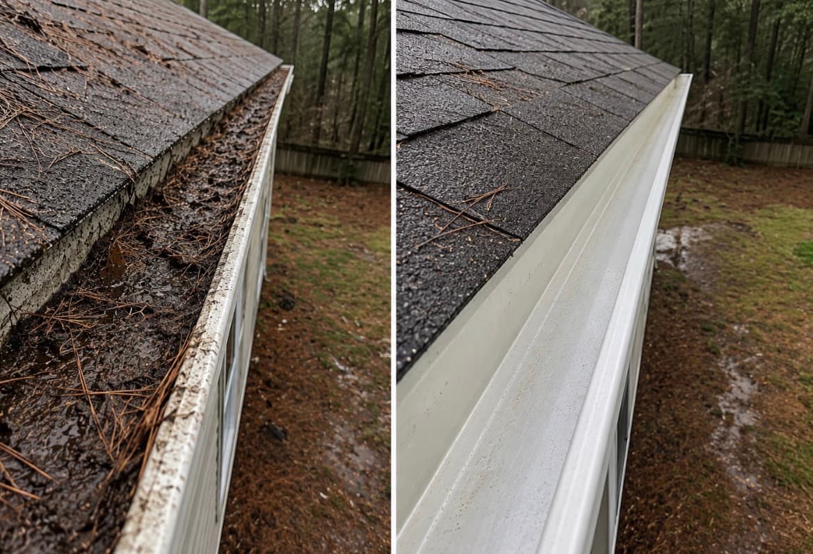 Before and after comparison of a gutter filled with pine needles and a clean gutter.