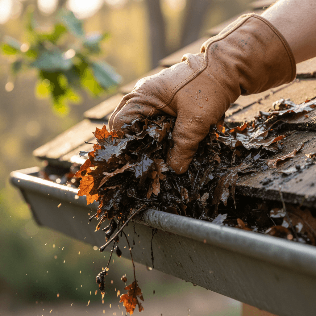 Hand removing leaves from gutter on one-story home