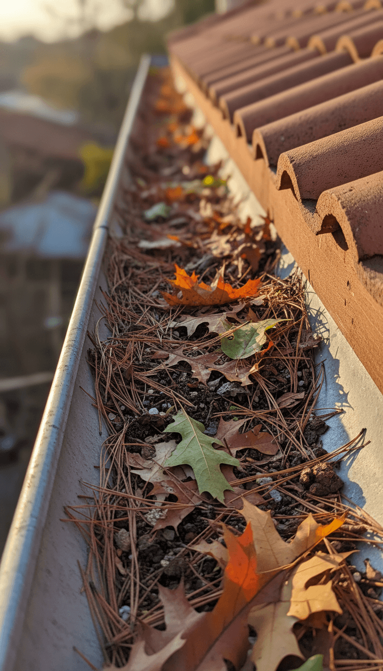 Clogged gutter filled with leaves and debris needing cleaning