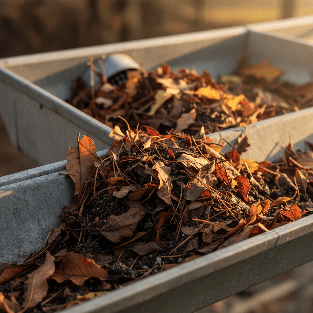 Clogged gutter full of leaves and debris requiring cleaning