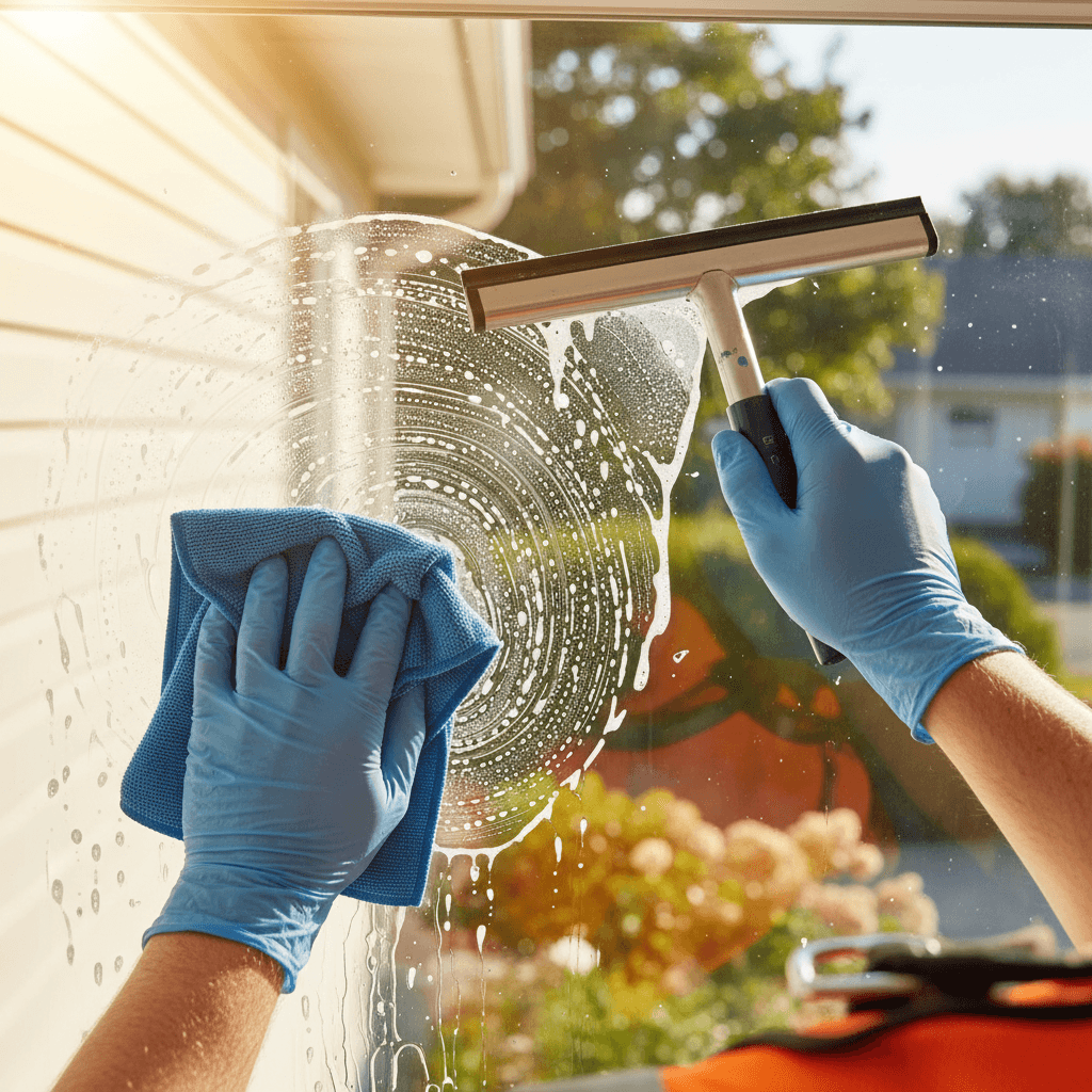 Worker removing wet leaves from gutter