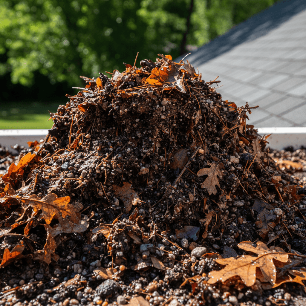 Gutter debris and leaves held in hands after cleaning