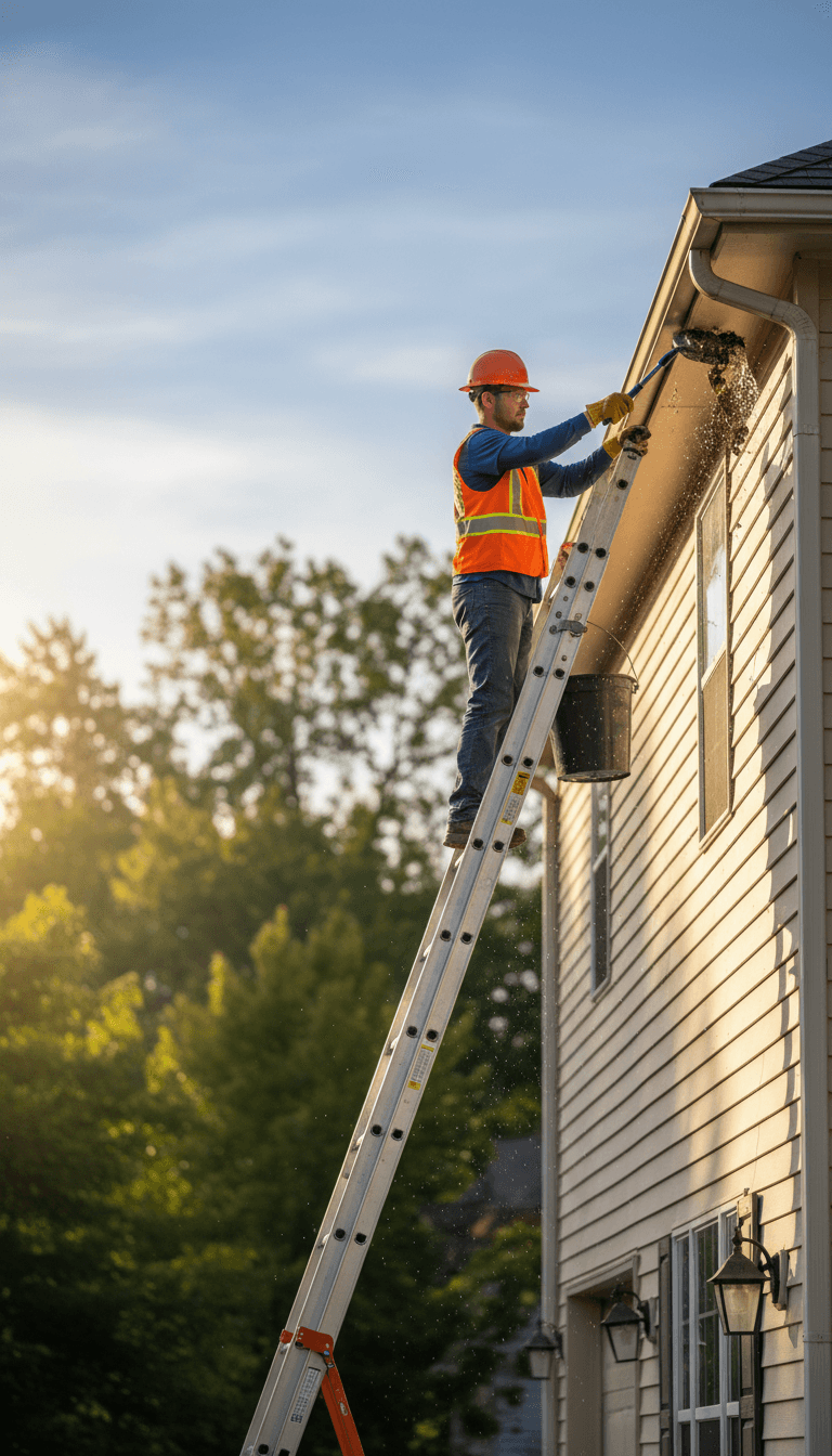 Professional gutter cleaning service in progress