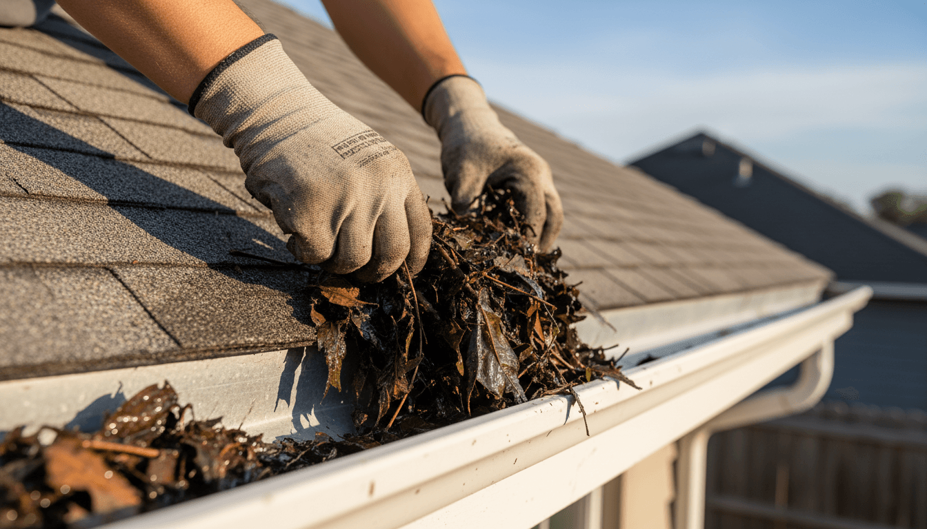 Technician removing leaves and debris from residential gutters during professional cleaning service