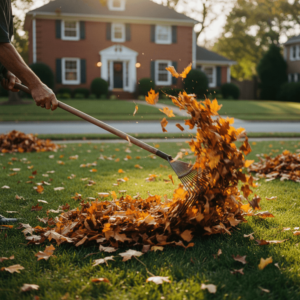 Technician removing leaves and debris from residential gutter